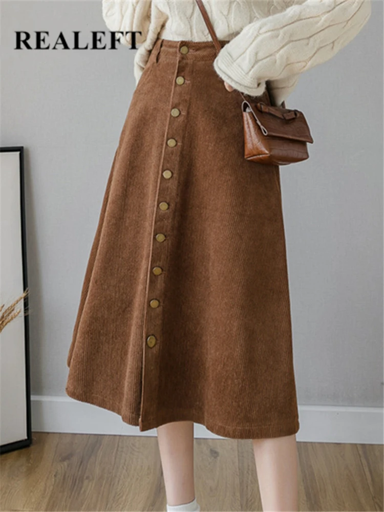 Pencil Skirt Brown Corduroy Button Plus Size Long Corduroy Skirt