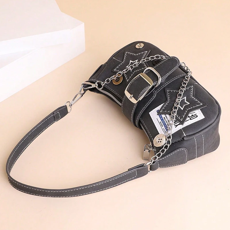 Y2k Fashion Women's Handbags Stars Pattern Cool Girls Underarm Bag Fashion Canvas Female Small Shoulder Bags Chain Tote Purses