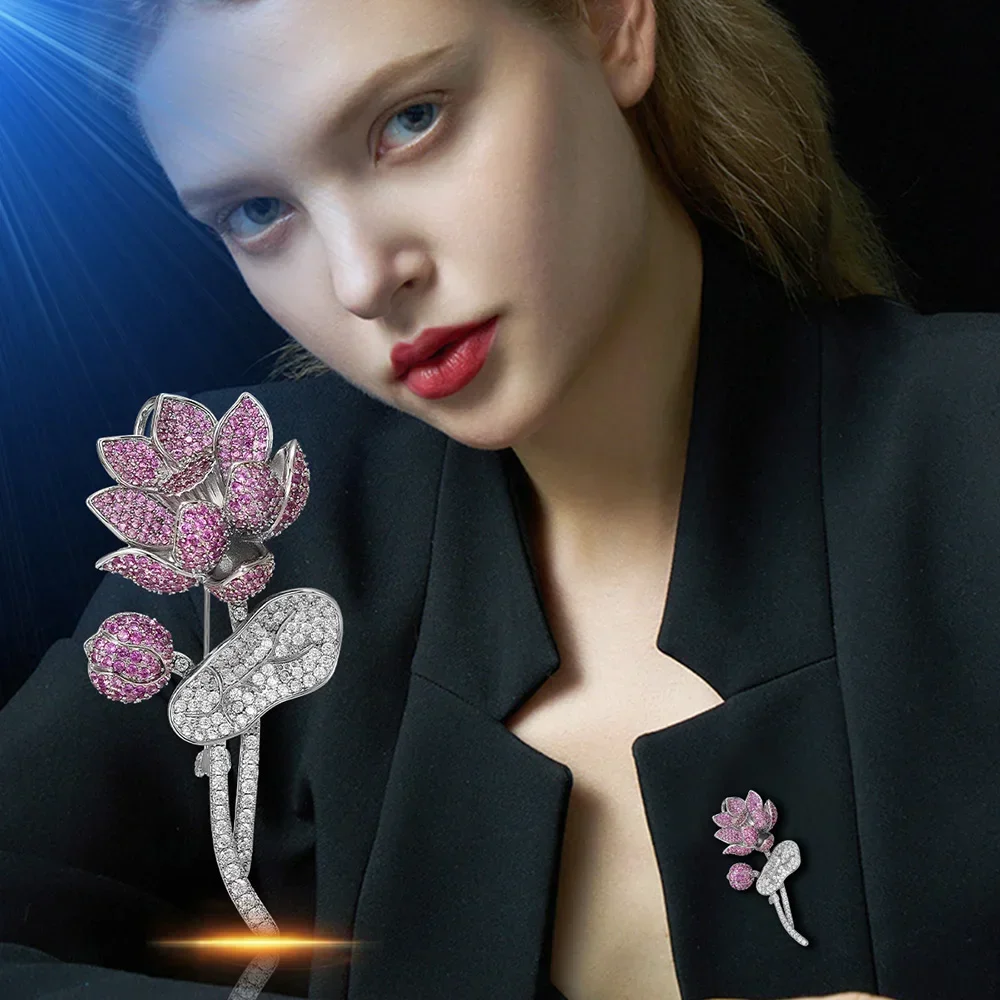 New Fashion Purple Rhinestone Lotus Brooch Pin for Women Luxury High Quality Jewelry Women's Wedding Party Accessories Corsage