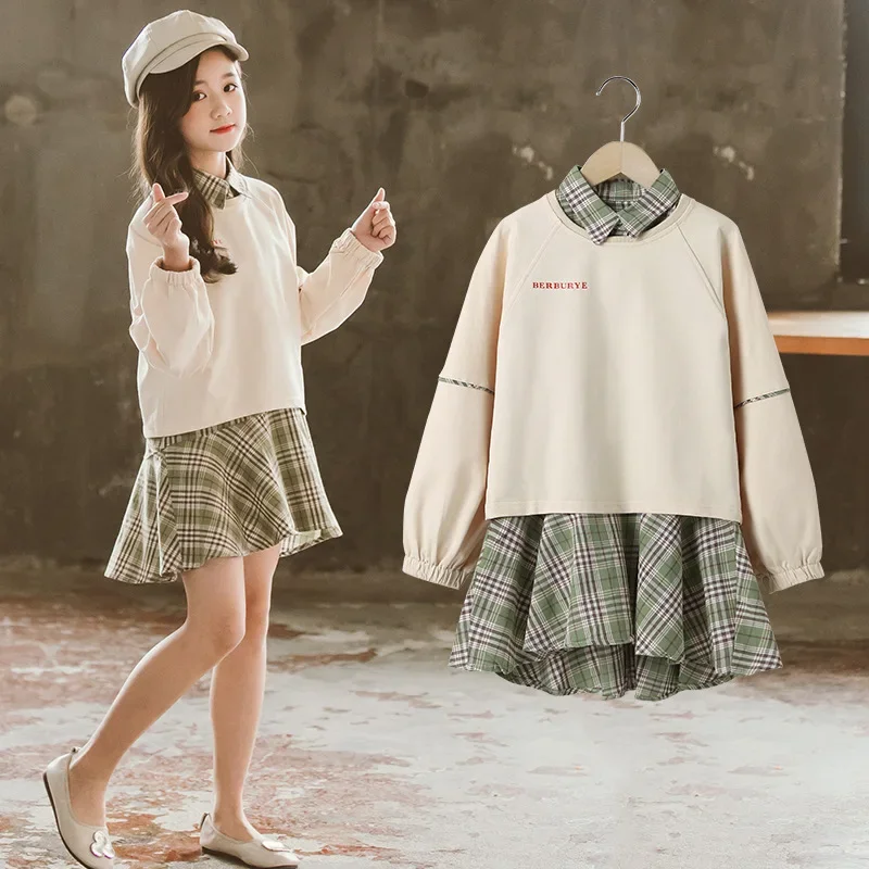 

2024 Korean Spring Autumn Children Sets For 2 Pieces Junior Girl Printed O-neck Top Elementary Girl Dress Teen Girl Sets