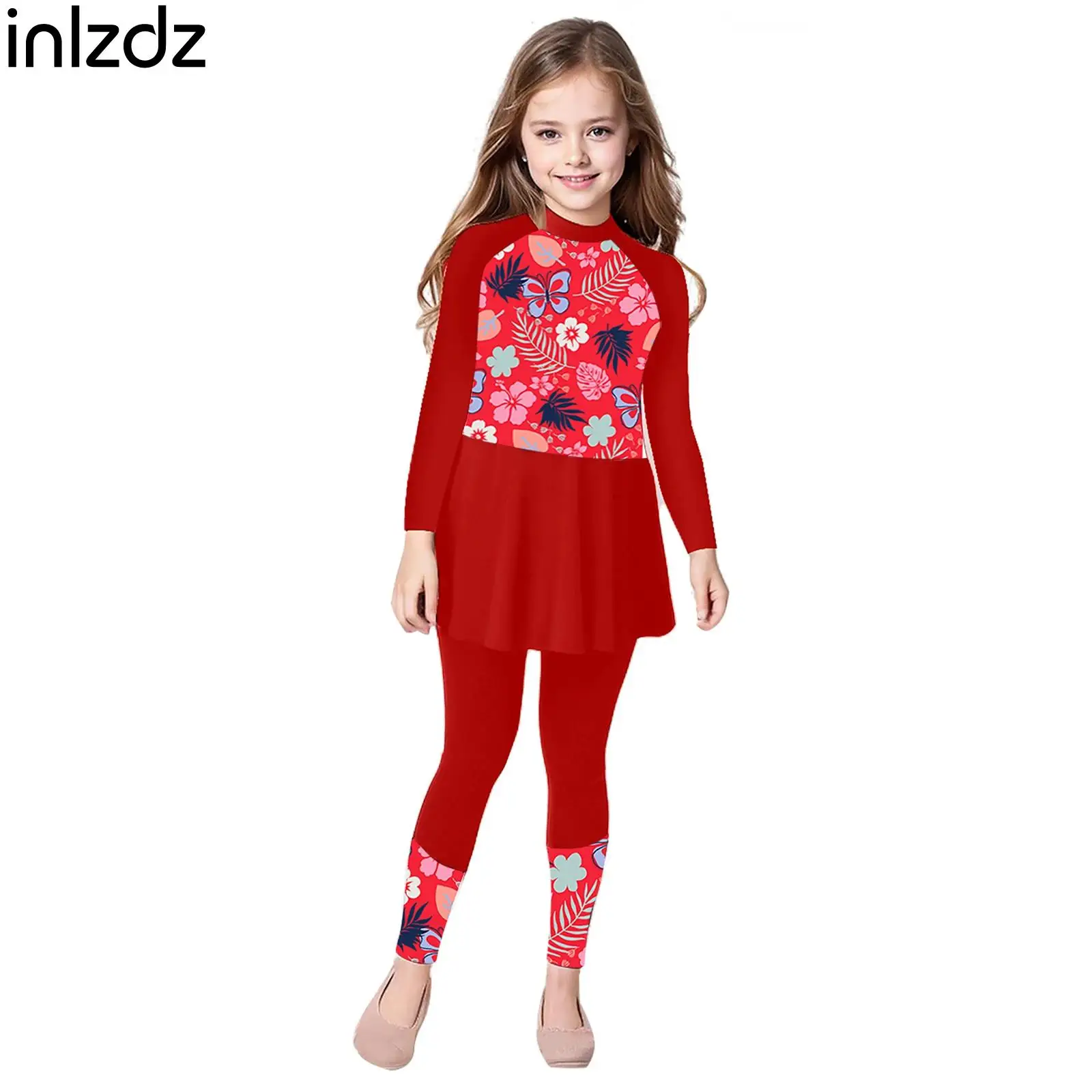 2Pcs Kids Girls Print Swimsuit Long Sleeve Swim Dress and Pants Set