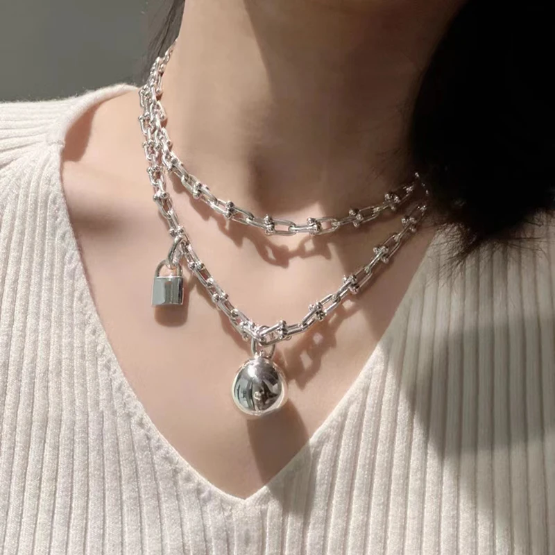 

Women's Luxury Jewelry 925 Sterling Silver Fashion Ball Lock Pendant Horseshoe Buckle U Shape Necklace Party Holiday Gift