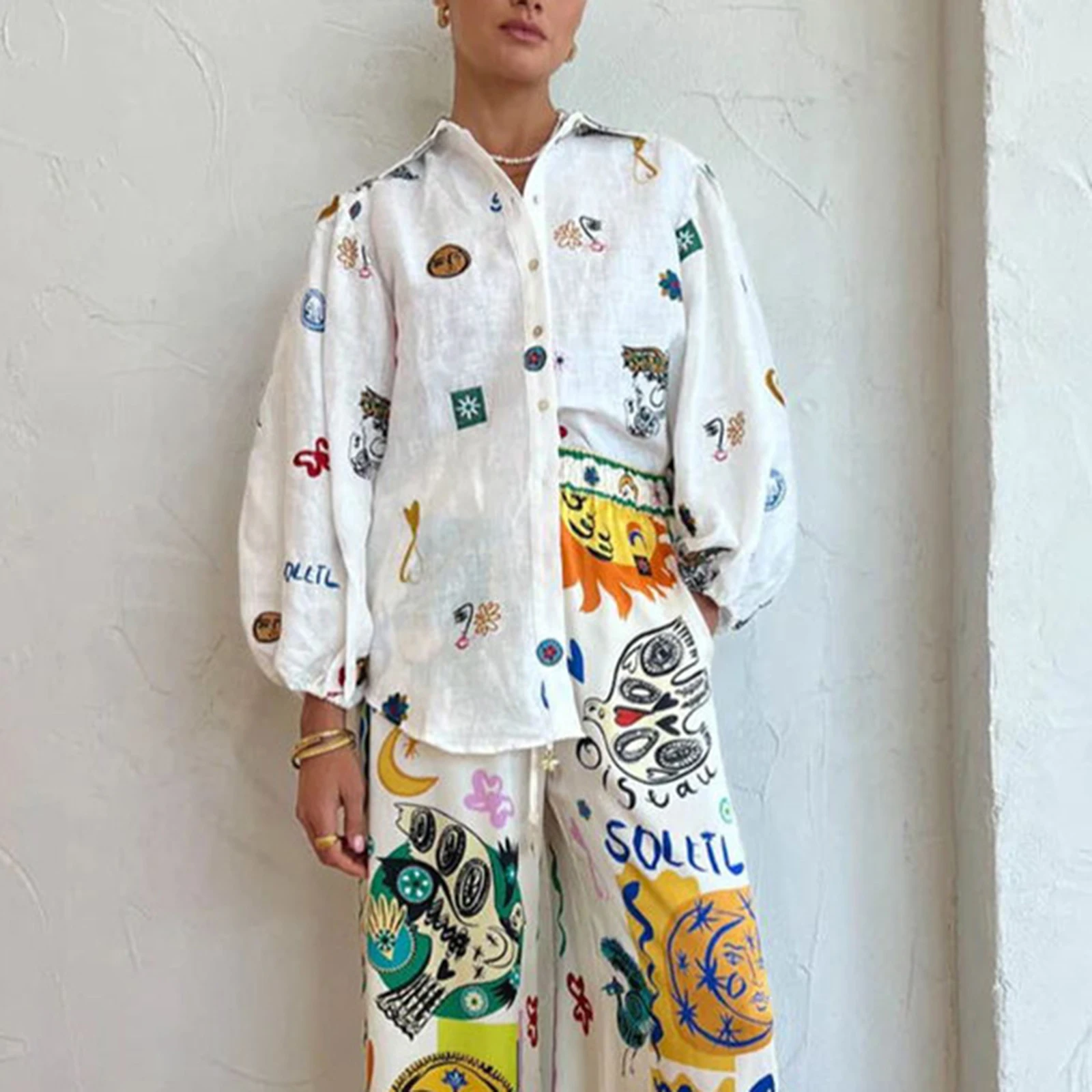 

Women’s Y2K Vintage Graffiti Print Shirts Casual Lantern Long Sleeve Button Down Lapel Collar Tops Bohemian Blouses