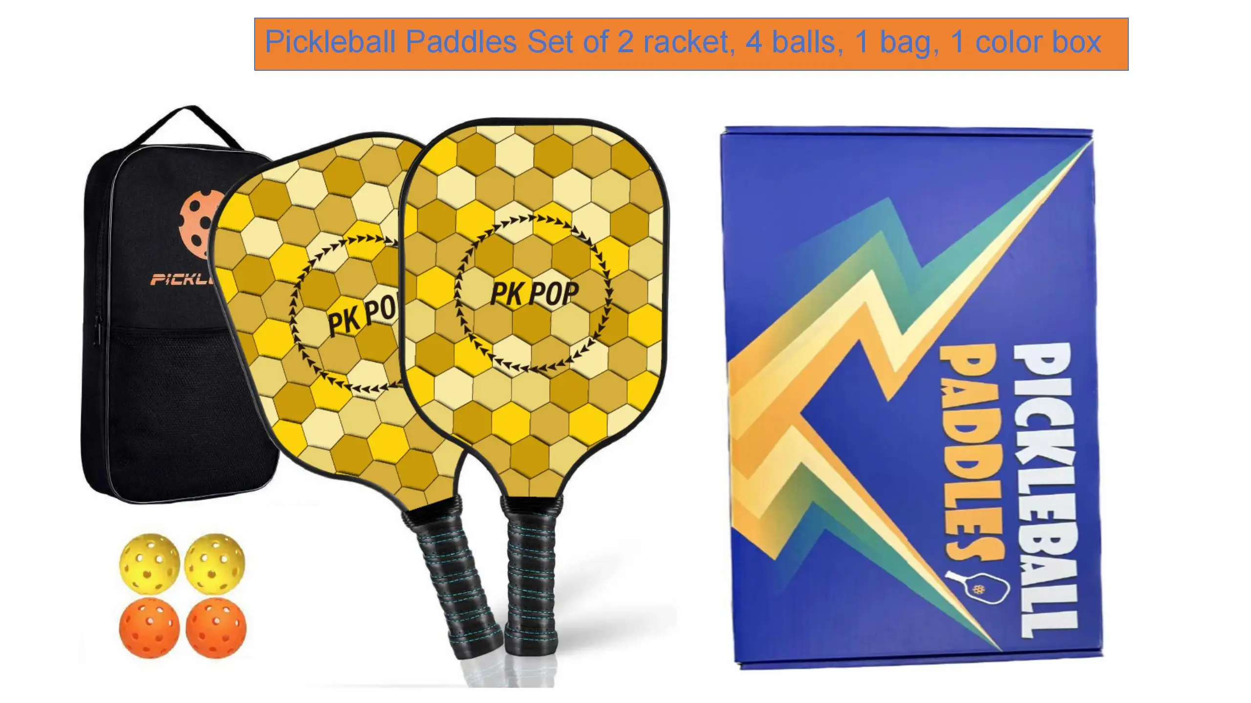 

Gift Racket Pickleball Paddle Set, Equipment with 4 Balls, 2 Racquets with 1 Carry Bag and a Color Box