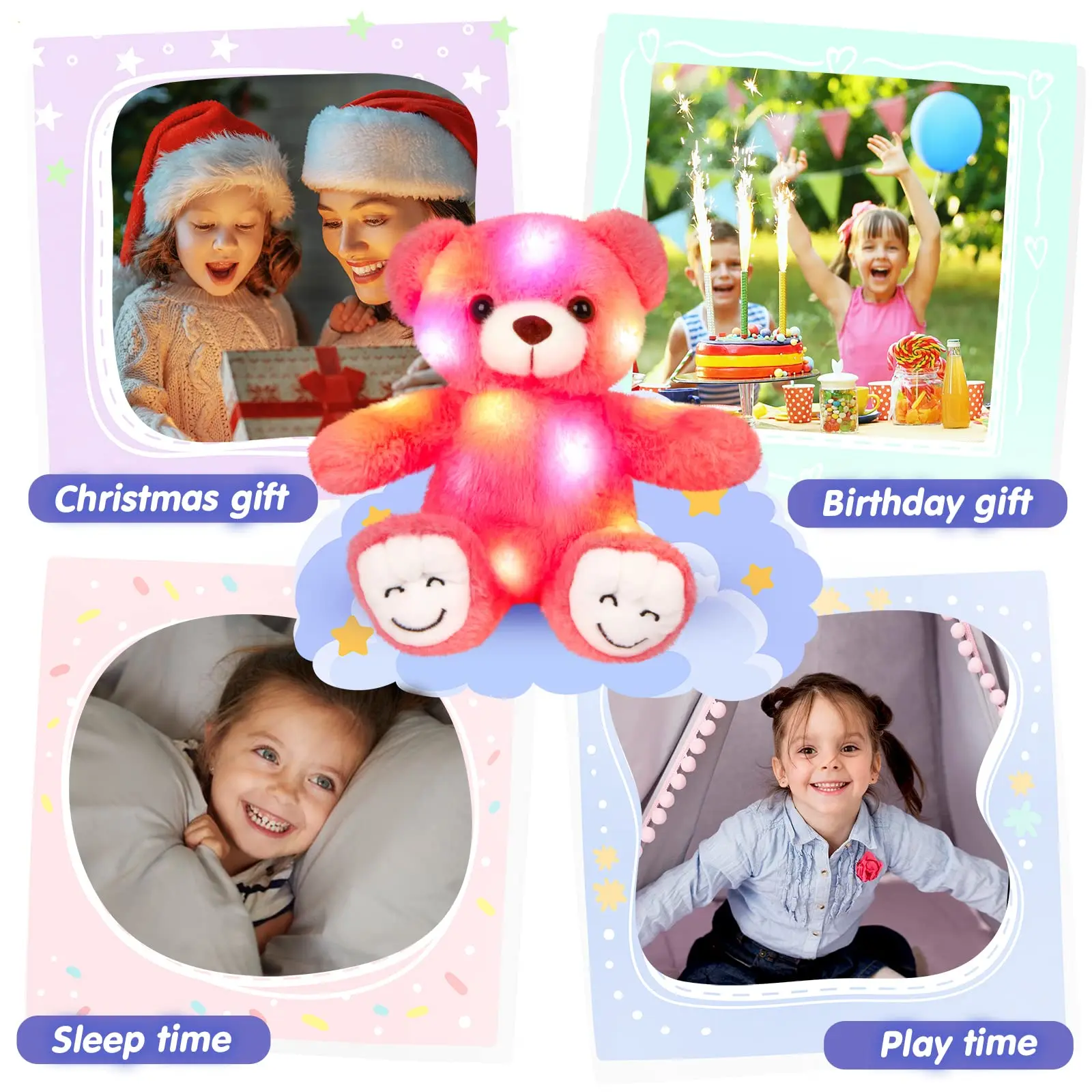 30cm Soft Luminous Bear Plush Toy White Pink Green Light-up Birthday Gift Cute Stuffed Animals for Girls Kids Glowing Toy