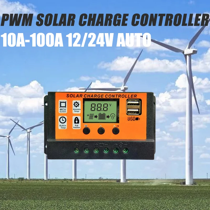 자동 태양광 충전 컨트롤러, PWM 컨트롤러, LCD 듀얼 USB, 5V 출력 태양광 패널, PV 레귤레이터, 나노 12V, 24V
