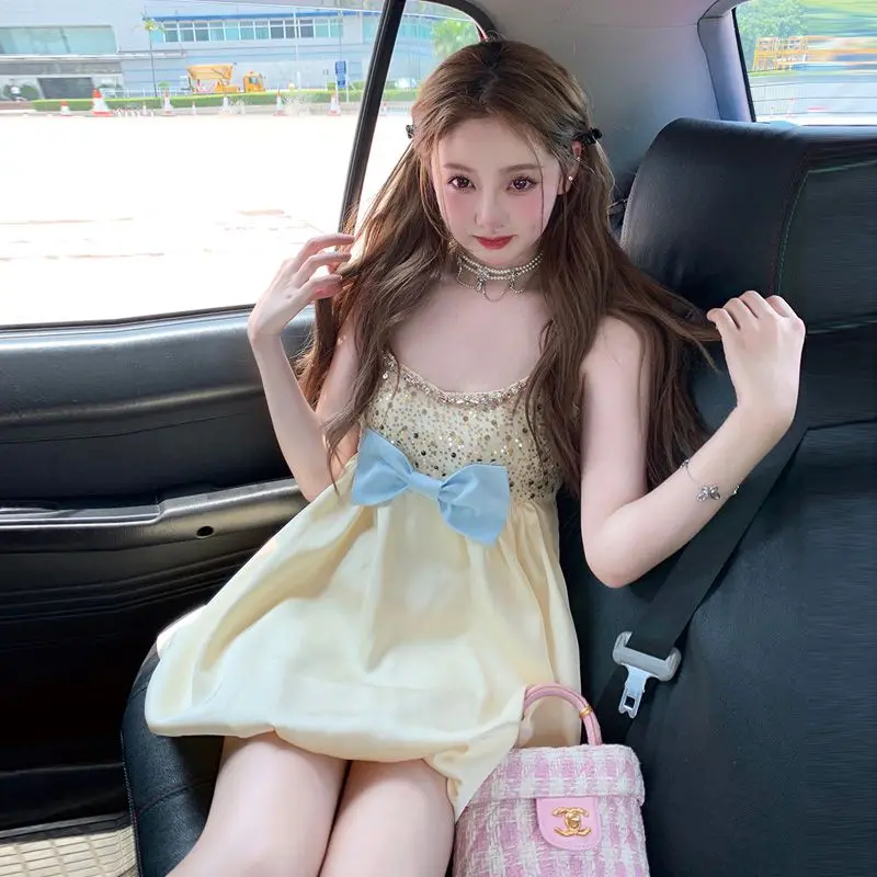 

Summer New Sweetness Escaping Princess Series Sequin Bow Design Slip Dress for Women Fashion Waist Slimming A-line Short Dress