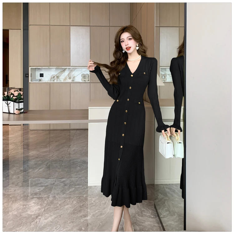 Autumn Solid Knitted Dresses for Women Single Breasted Chic Flared Sleeve Ruffles Hem Casual Female Office Elegant Robes