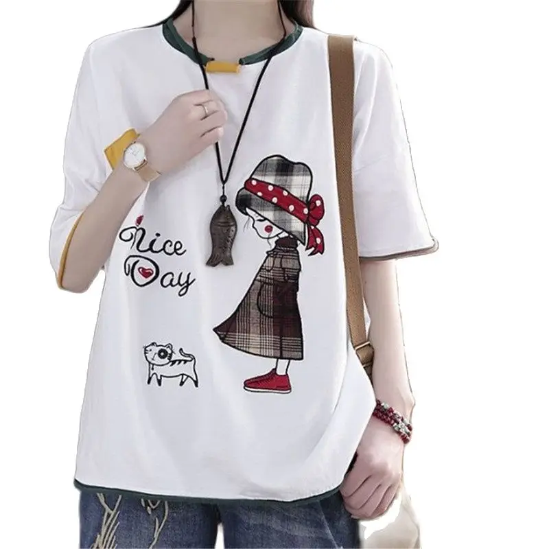 

Женская хлопковая футболка, в стиле ретро, с 5 рукавами, свободная, с большим принтом, с коротким рукавом, повседневная, 95