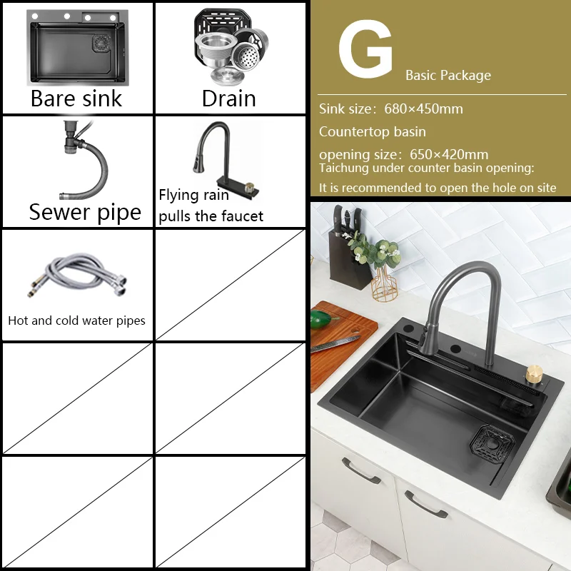 Black Nano Kitchen Sink 304 Stainless Steel Waterfall  Basin Large Single Slot with  Faucet for  6