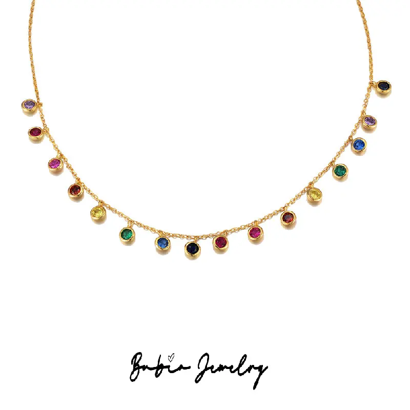 

S925 Sterling Silver Colored Round Zircon Necklace Women's Colorful Gemstone Pendant Rainbow Collar Chain