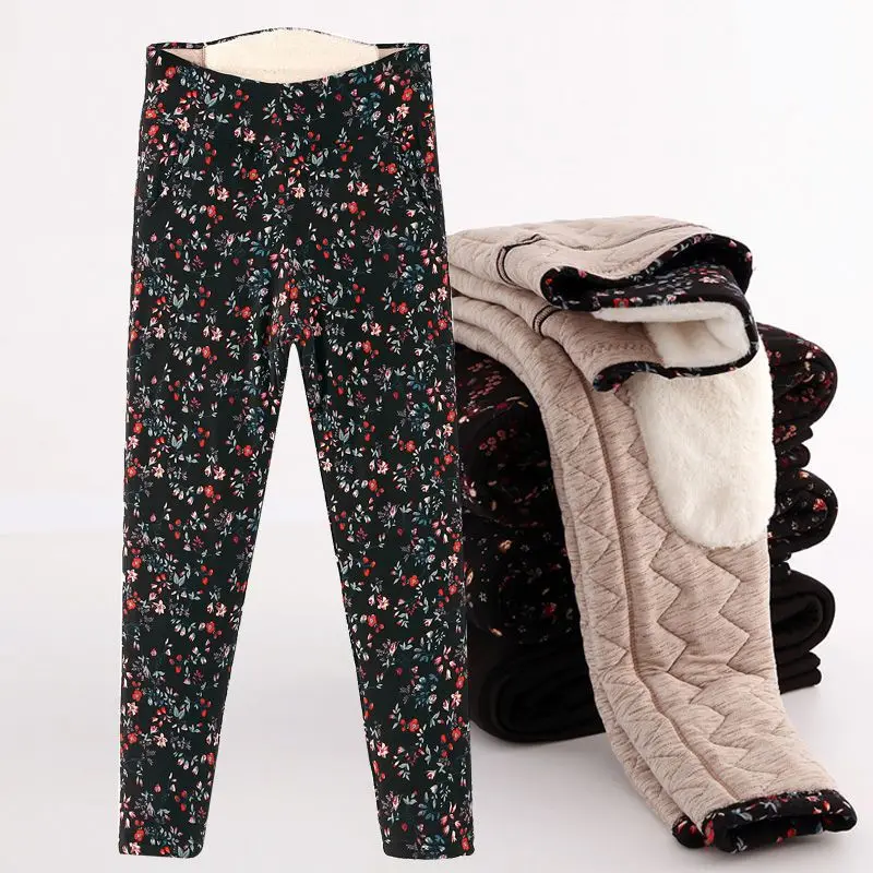 Middle Aged And Elderly Women's Thick Velvet Pants Winter High Waisted Mother's Warm Cotton-padded Print Trousers Sexy Leggings