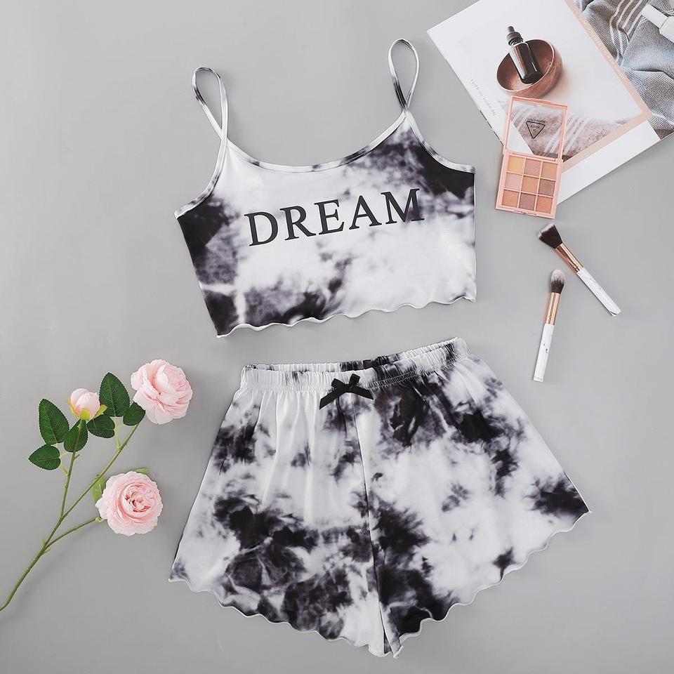 New Tie-Dye English Typography Print Strappy Tank Top & Shorts Set  Homewear Versatile Loungewear Pajama Set for Indoor/Outdoor