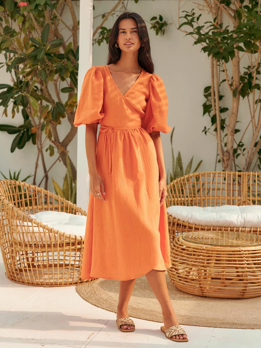 Bornladies 100% Cotton V-neck Waist Cinched Dress Unique Lantern Sleeve Sexy Slit Long Skirt Fashionable Women's Casual Dresses