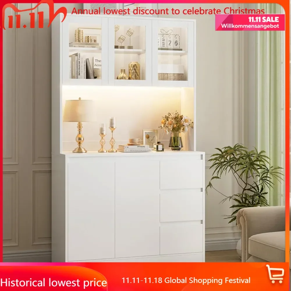 71" Kitchen Pantry Cabinet with LED Lights and Charging Station, Modern Kitchen Cabinet Hutch with Storage and Microwave