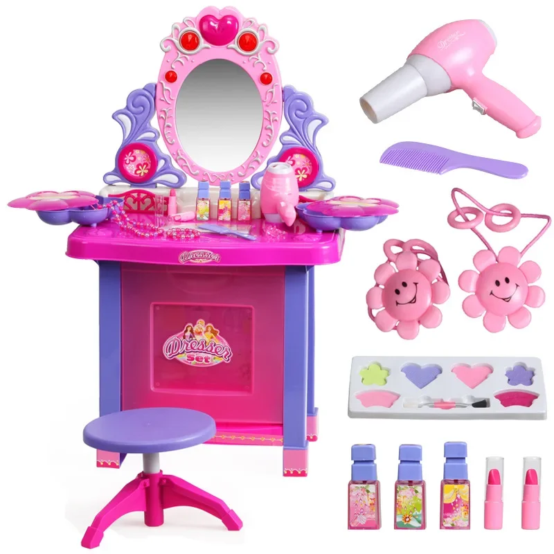 70cm High Quality music Kids Cosmetics Dressing table ring lipstick nail comb hair dryer Play house Interactive Toy baby gift 4