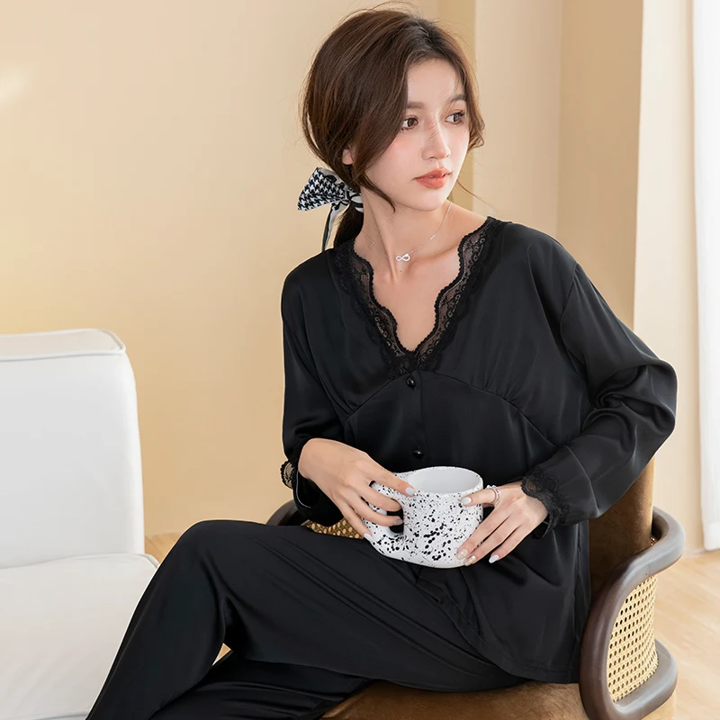 New Elegant Ladies Faux Silk Polyester lace Pajama Sets Sexy Homewear Women Casual Luxury Pajamas Thin Pajamas Female Sleepwear
