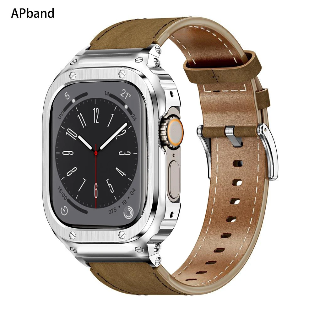 

Metal Case+Genuine Leather Strap For Apple Watch Band 49mm 44mm 45mm 40mm 41mm correa bracelet iwatch series se 4 5 6 7 8 ultra