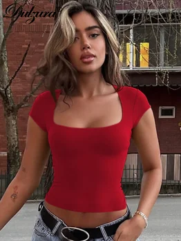 Dulzura Ladies U-Neck Short Sleeve Slim Fit T-Shirt Solid Sexy Casual Y2K Top Party Club Street Spring Summer Clothes Wholesale 1