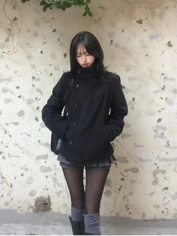 Street autumn/winter solid color women's turtleneck coat Y2K hip-hop retro Harajuku cute casual fashion versatile new women tops