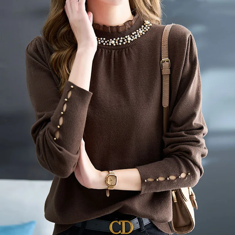 

New Fashion Beading Stand Collar Sweater Women Pullover Blusas Mujer De Moda 2024 Long Sleeve Black Women Sweater Sweaters H277