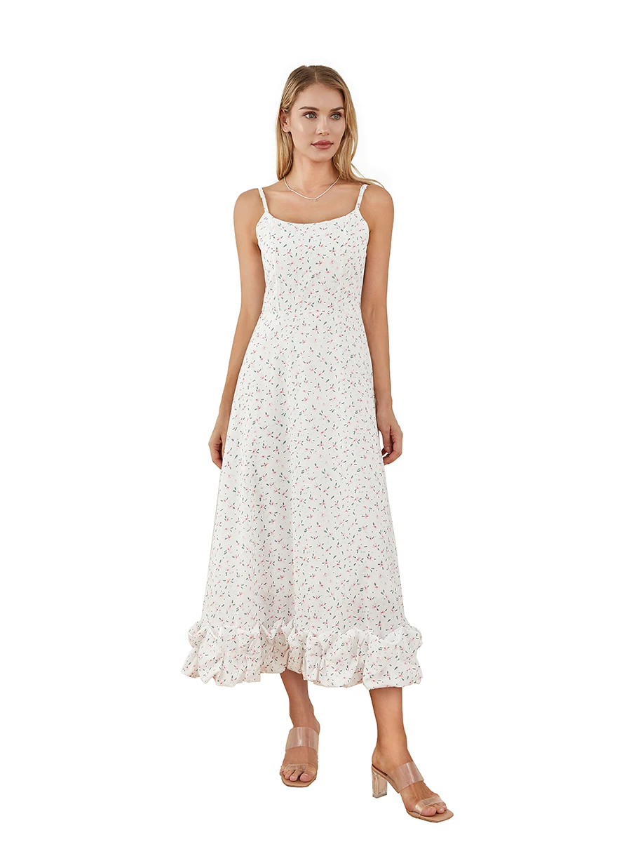 

Women Summer Midi Dress Floral Print Spaghetti Strap Sleeveless Cami Dress Fashion Backless Bubble Hem A-line Dress