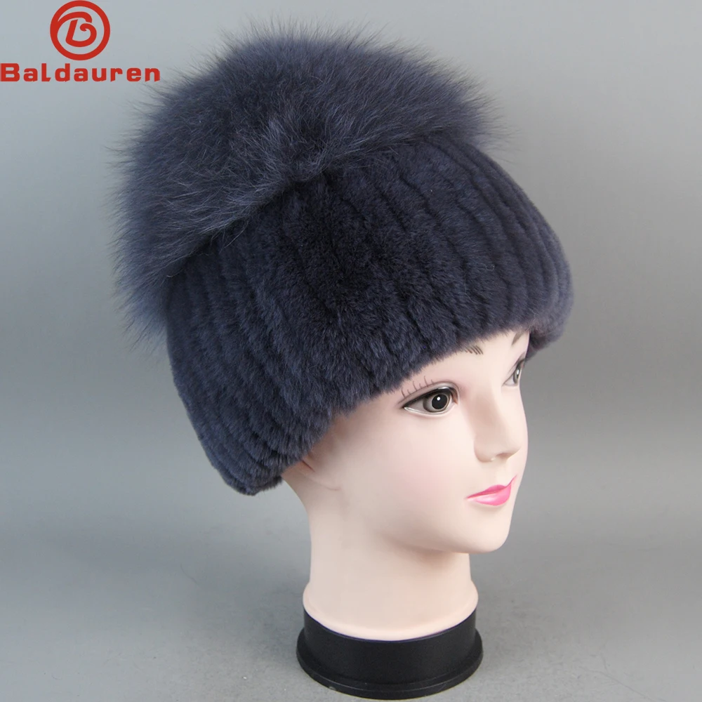 

Russia Knitted Real Fur Hats Winter Luxury Women Real Genuine Fox Fur Beanies Hat Girls Natural Real Rex Rabbit Fur Skullies Cap