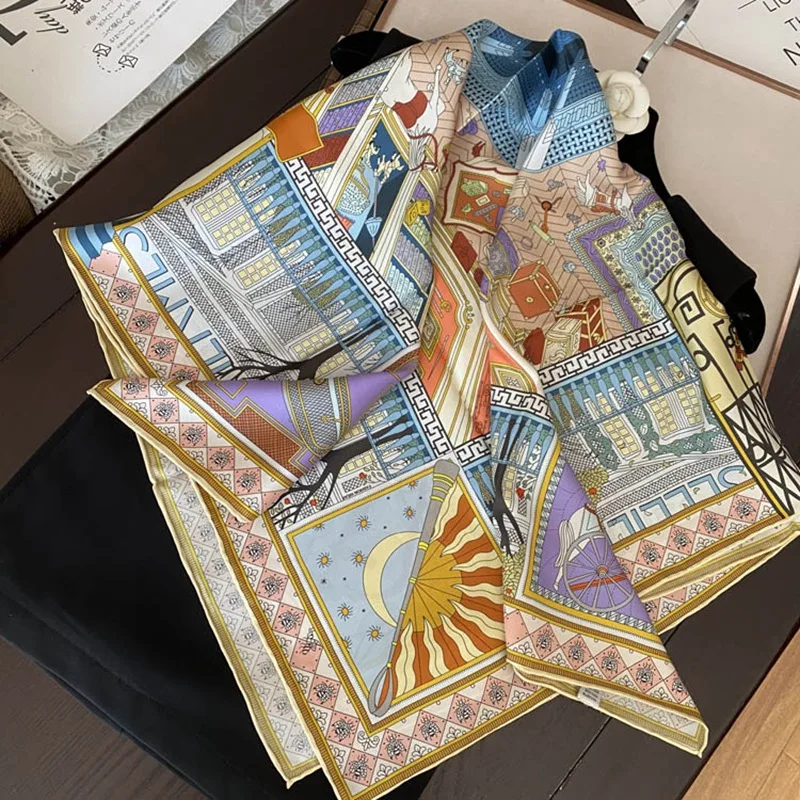 14mm 100% Silk Bandana Scarf Neckerchief 2022 Winter Popular Print Large Square Silk Shawl Cape Echarpe 35\