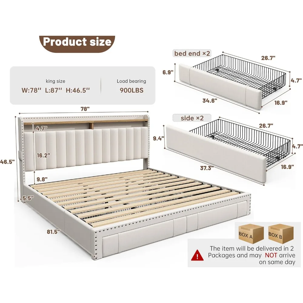 Bed Frame with 4 Storage Drawers, Upholstered Bed Frame and headboard with 2-Tier Shelves,Mattress Foundation with Wooden 2