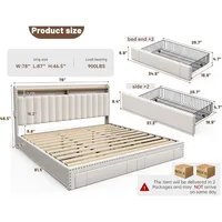 Bed Frame with 4 Storage Drawers, Upholstered Bed Frame and headboard with 2-Tier Shelves,Mattress Foundation with Wooden 2