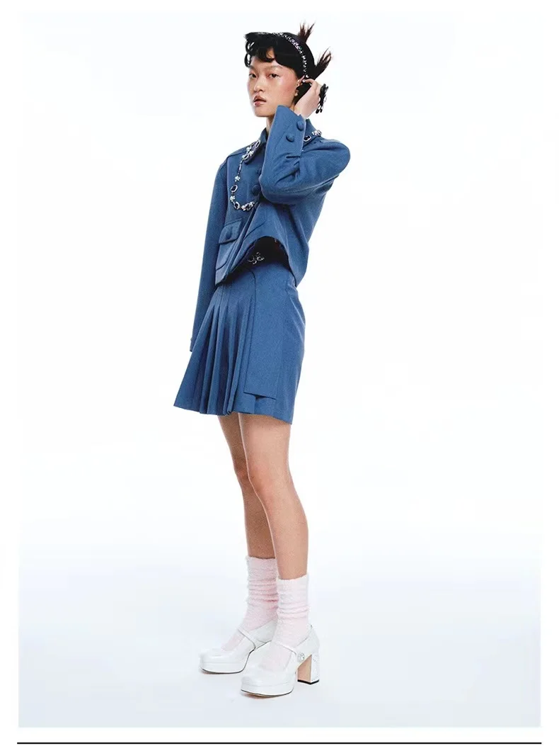 

2022 academic temperament studded beaded long sleeve suit jacket+pleated skirt