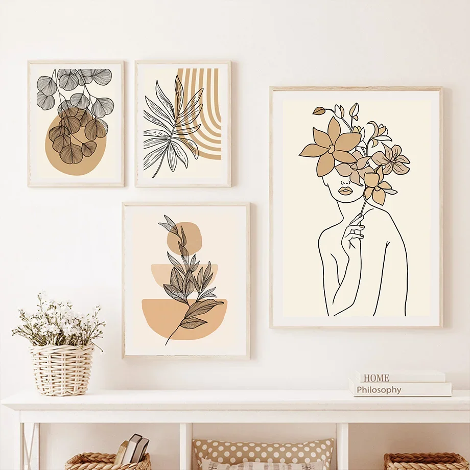 

Boho Woman Leaf Lines Minimalist Abstract Wall Art Canvas Painting Nordic Posters And Prints Wall Pictures For Living Room Decor