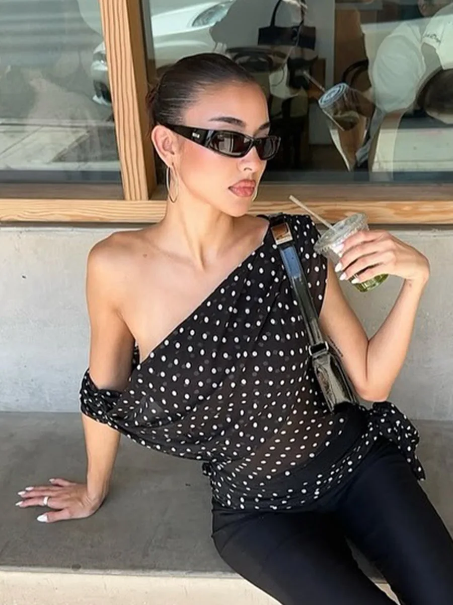 Bornladies Women's 2026 Summer New Polka Dot One-Shoulder Top Sexy Single-Shoulder Camisole Sheer Chiffon Polka Dot Blouse