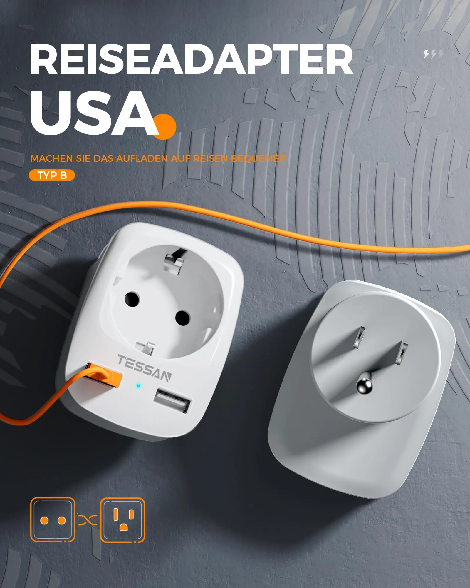 Power Plug Adapter TESSAN Travel Adapter USA America Europe Plug 2 USB 2.4A Socket for Canada Mexico