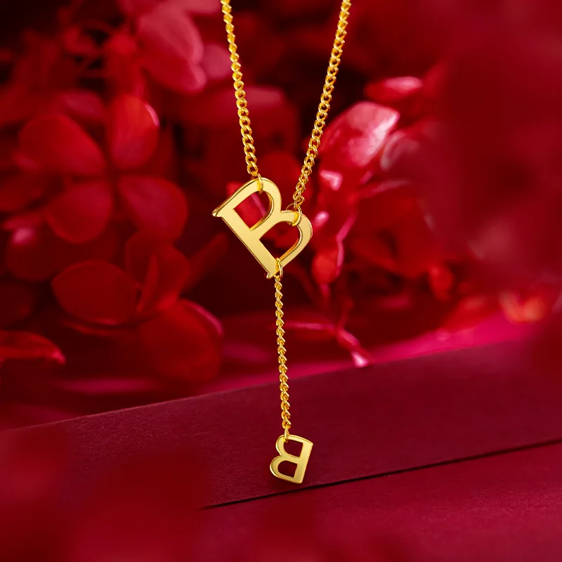 

18k Pure Gold B Pendant Necklace for Women Wedding Birthday Party Necklace Chain Fine Gifts Jewelry