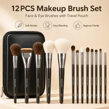 Set di Pennelli da Trucco 14 Pezzi, Morbidi Pennelli Cosmetici per Viso e Occhi con Custodia da Viaggio per Cipria, Blush, Contouring, Fondotinta, Ombretto, Kit di Bellezza