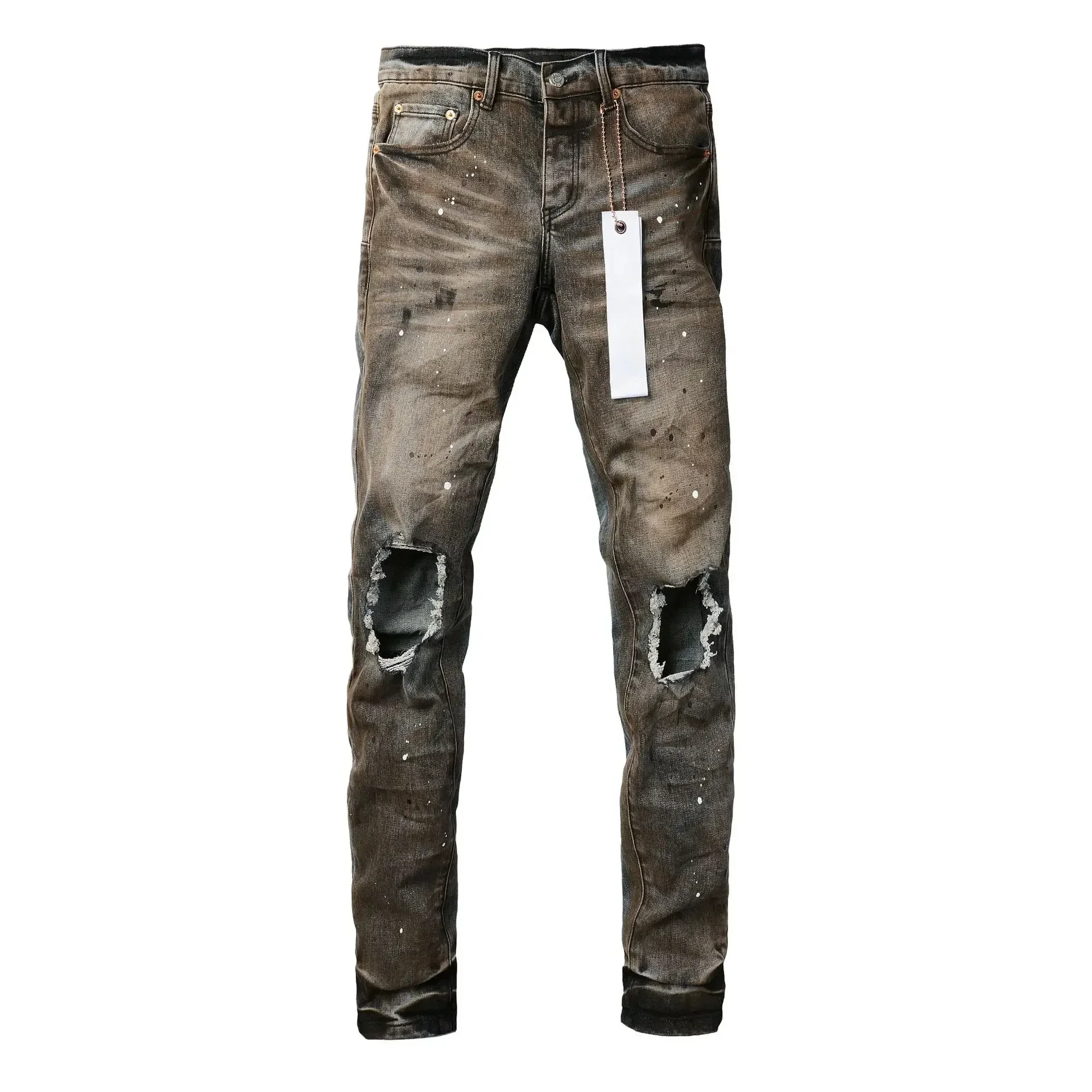 Description Picture 6 of item2024ss New Purple jeans Men with High street distressed dual tone wash Repair Low Rise Skinny Denim pants 9031