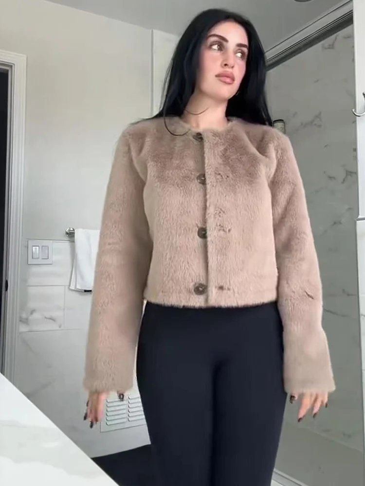 Women Chic Faux Fur Short Jacket Coat Autumn New Long Sleeve Simple Commuting Style O Neck  Fashion Female Button Up Warm Coats