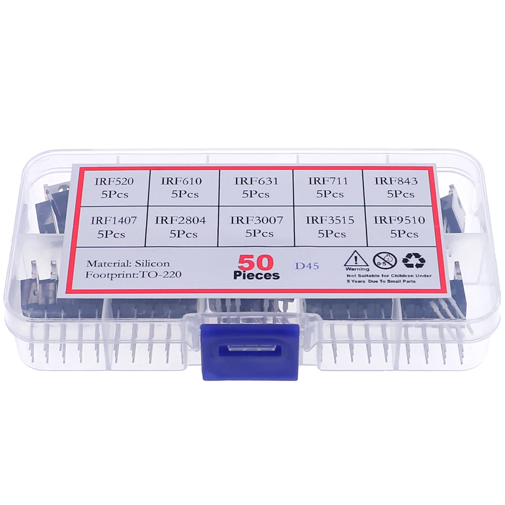 50Pcs 10Value TO-220 Field-Effect Mos Transistor Kit IRF520 IRF610 IRF631 IRF711 IRF843 IRF1470 IRF2804 IRF3007 IRF3515 IRF9510
