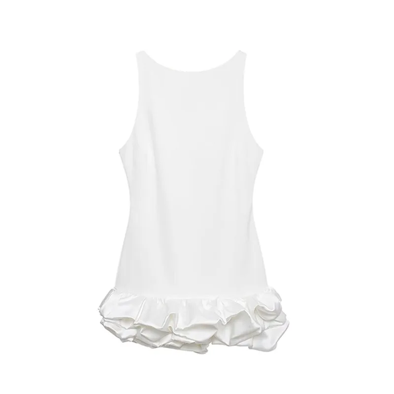 thumbnail image 1 of HH TRAF 2024 Vestido mini de playa de moda para mujer Vestido de verano blanco con cuello redondo, sin mangas, sin espalda, con pliegues y cremallera en capas para mujer, 1 of 5