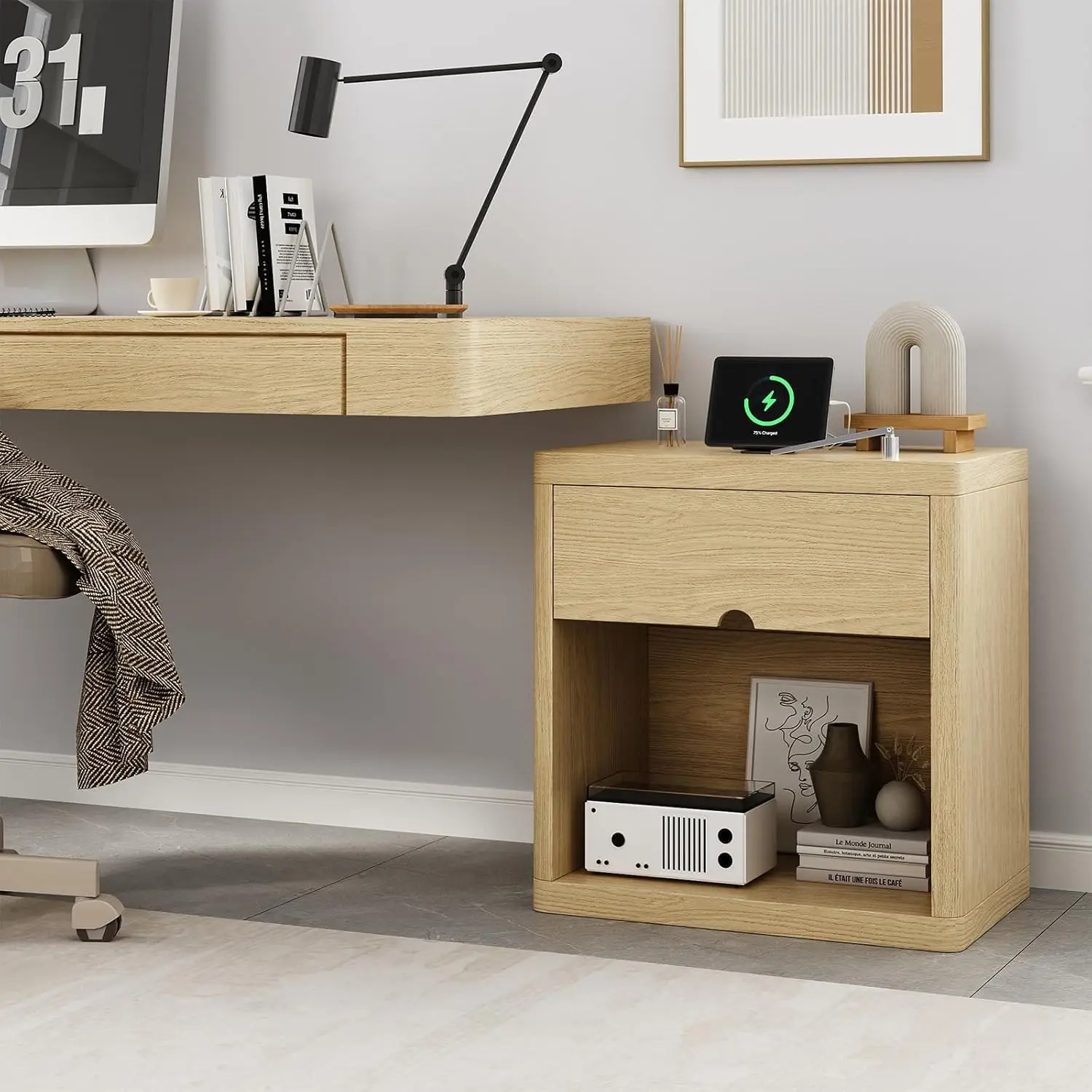 24" Wide Modern Nightstand with Drawer Storage Smooth Crescent Design Bed Side Table Large Wide End Table Minimalist Bedside