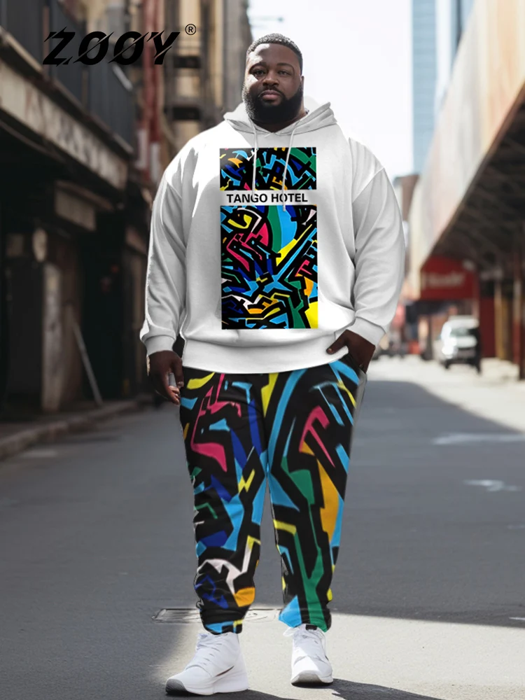 ZOOY (L-9XL) Men's Plus Size Personality Casual Street Cube Vintage Graffiti Bear Skull Crown Poker Dice Hoodie Sweatpants Set