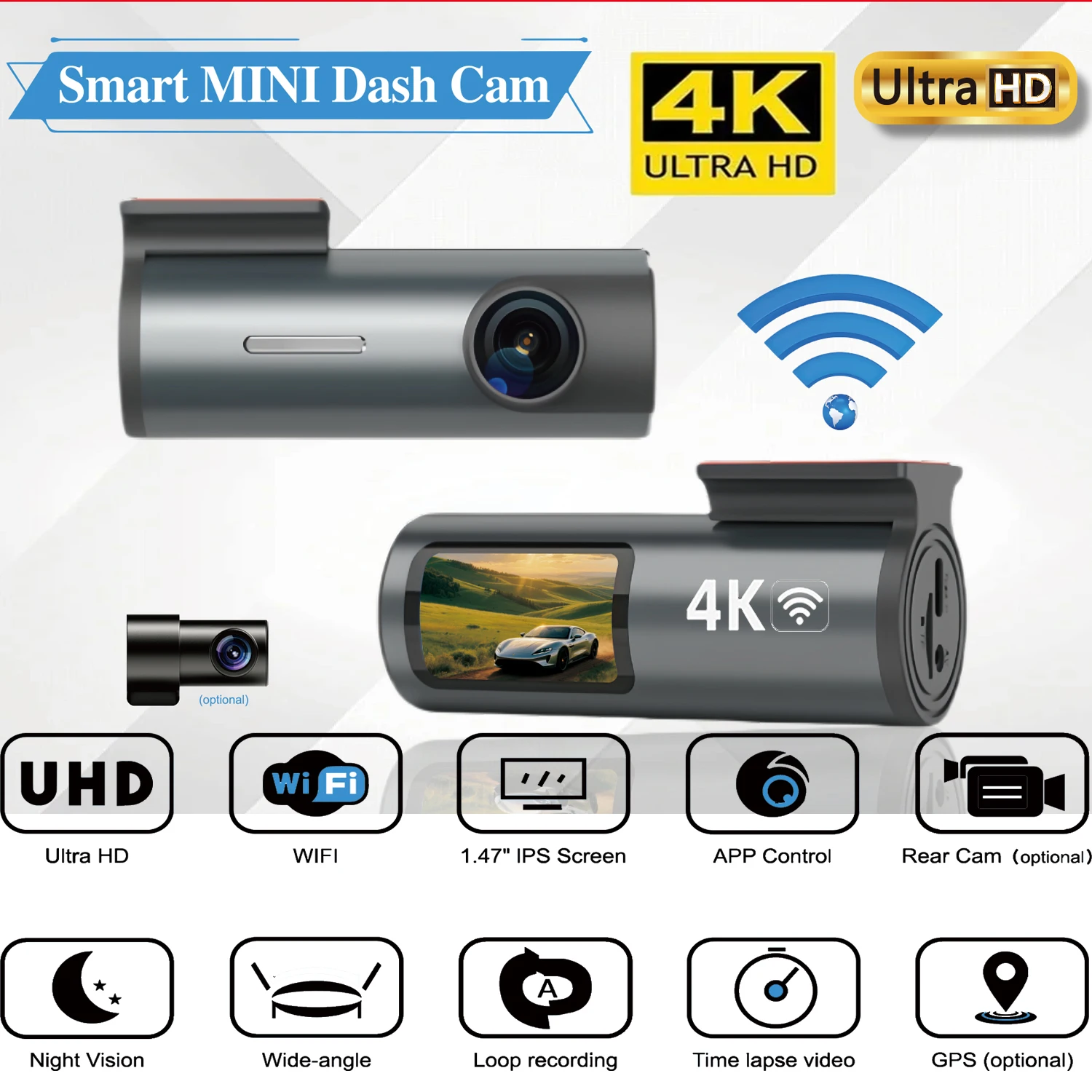 4K 미니 전후방 주차 카메라 앱으로 주차 모니터링 제어 가능 내장 Wi-Fi GPS 슈퍼 야간 투시 기능 24시간 주차 모니터링