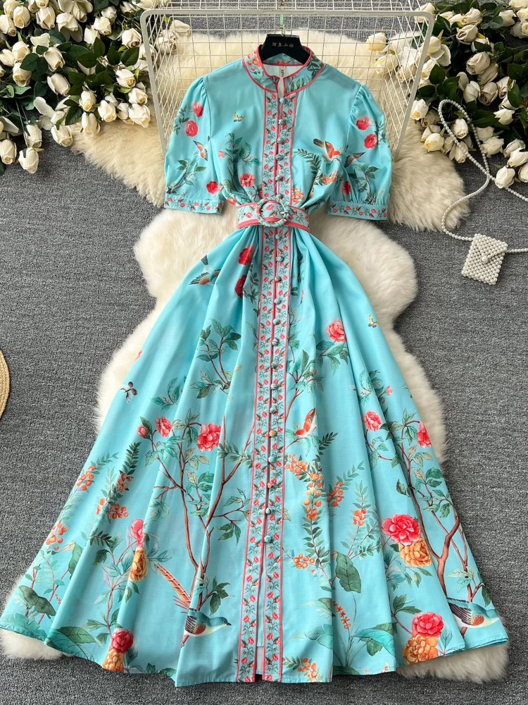 

Женское винтажное длинное платье, элегантное облегающее ТРАПЕЦИЕВИДНОЕ платье с рукавами-фонариками во французском стиле, длинное платье с цветочным принтом, лето