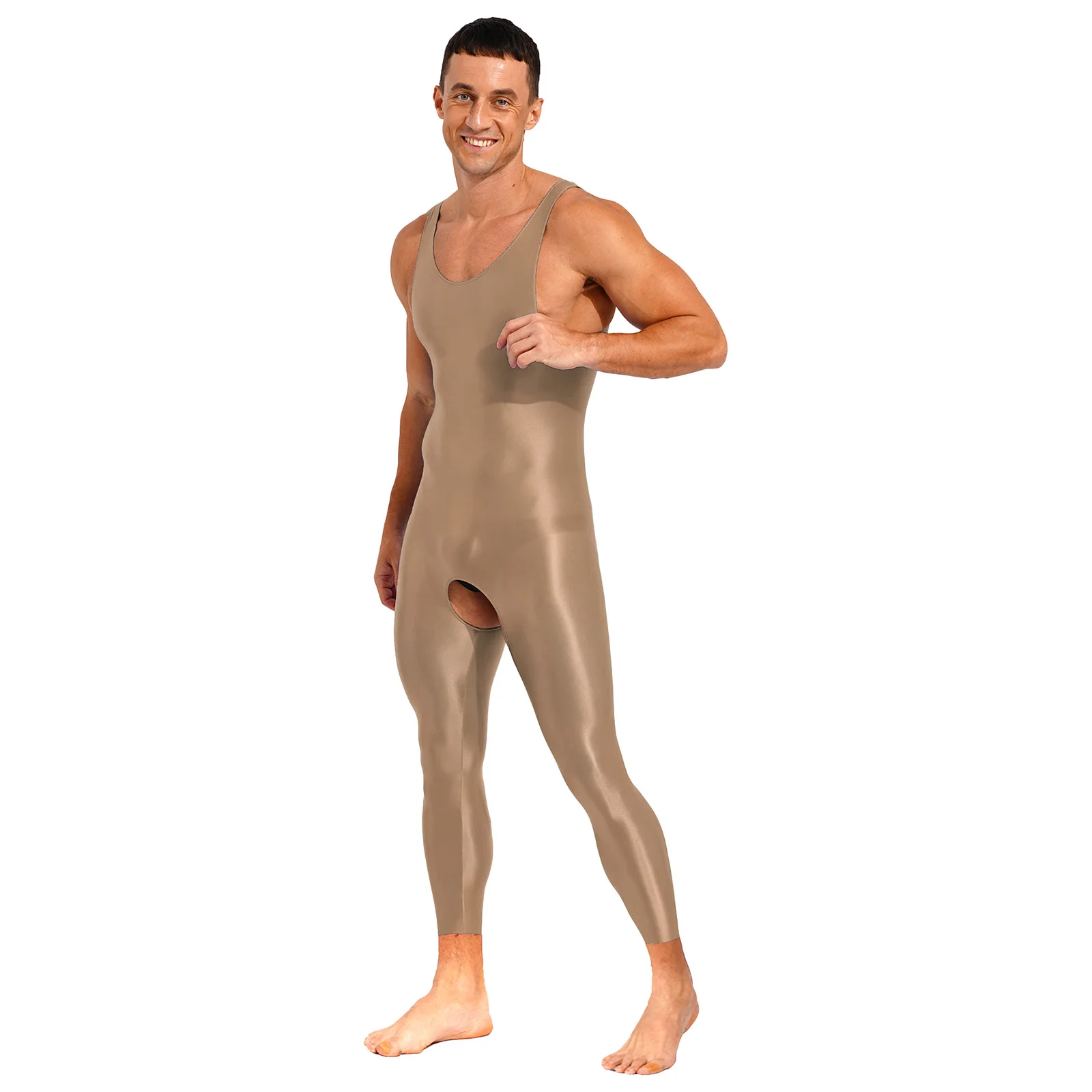 Men Jumpsuit Lingerie Tights Close-Fitting One Piece Glossy Open Crotch Solid Color Stretchy U Neck Sleeveless Bodysuit