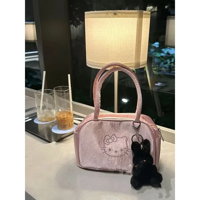 

Kawaii Sanrio Anime Hello Kitty Nylon Handbag Cute Cartoon Silk Pink Large Capacity Ballet Zipper Sweet Lovely Gifts for Girls