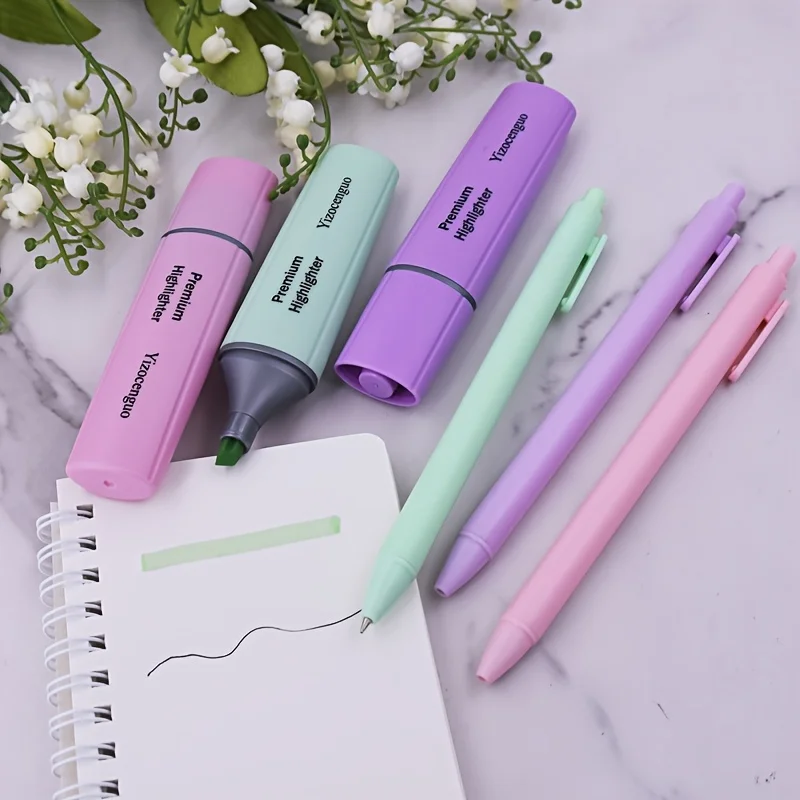 라인 석이있는 5 개의 푹신한 토끼 볼펜 세트 미니 노트북 쉬운 펜 형광펜 미니 포켓 나이프 휴대용