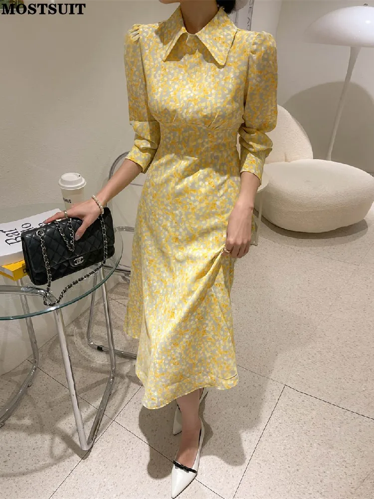 

Korean Printed Long Dress Women 2024 Autumn Elegant Workwear Fashion Ladies Dresses Long Sleeve Stylish Chic Vestidos Mujer