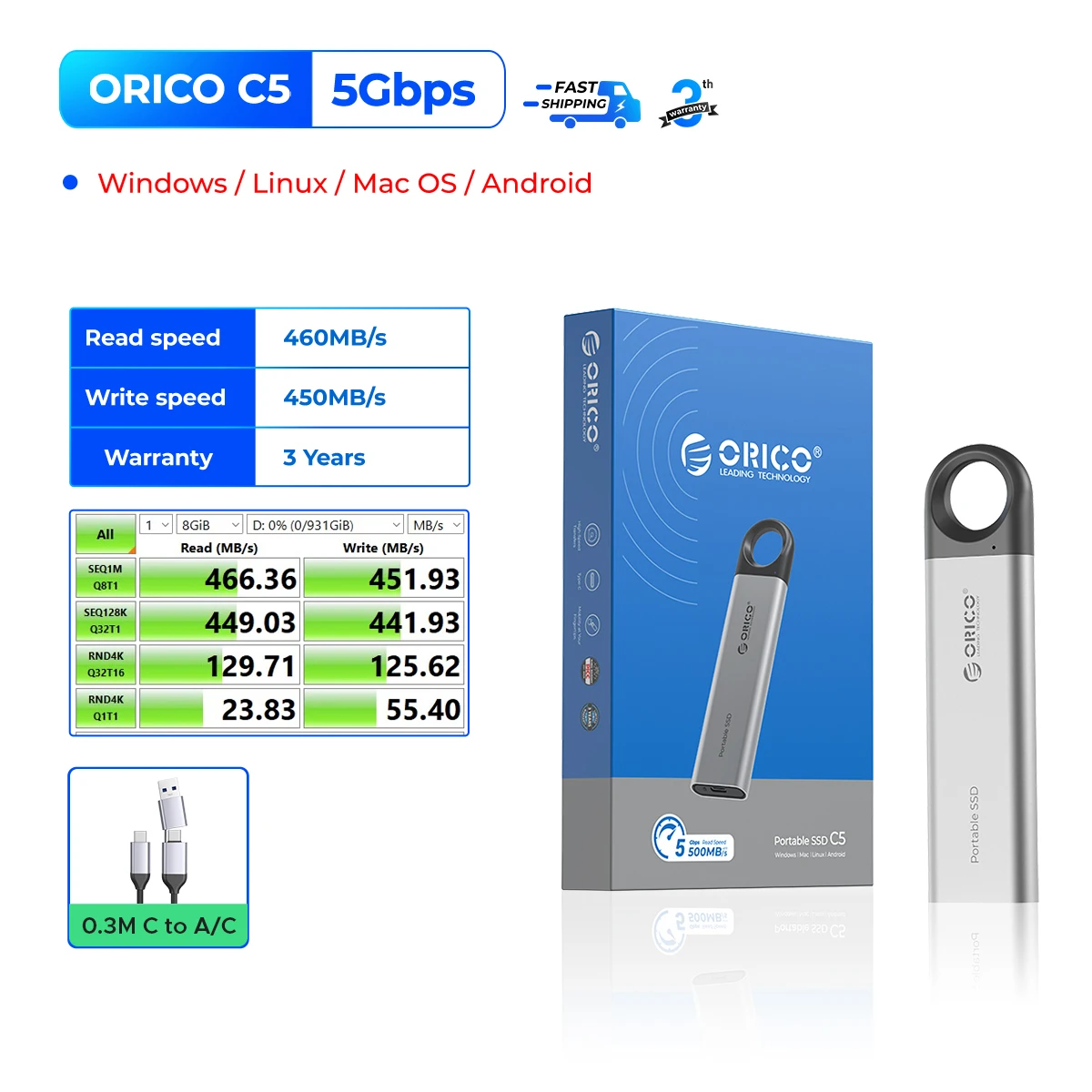 ORICO SSD externo de 1 TB, hasta 1050 MB/s, diseño de orificio para colgar, unidad de estado sólido portátil, almacenamiento PSSD para tabletas, computadoras portátiles C10