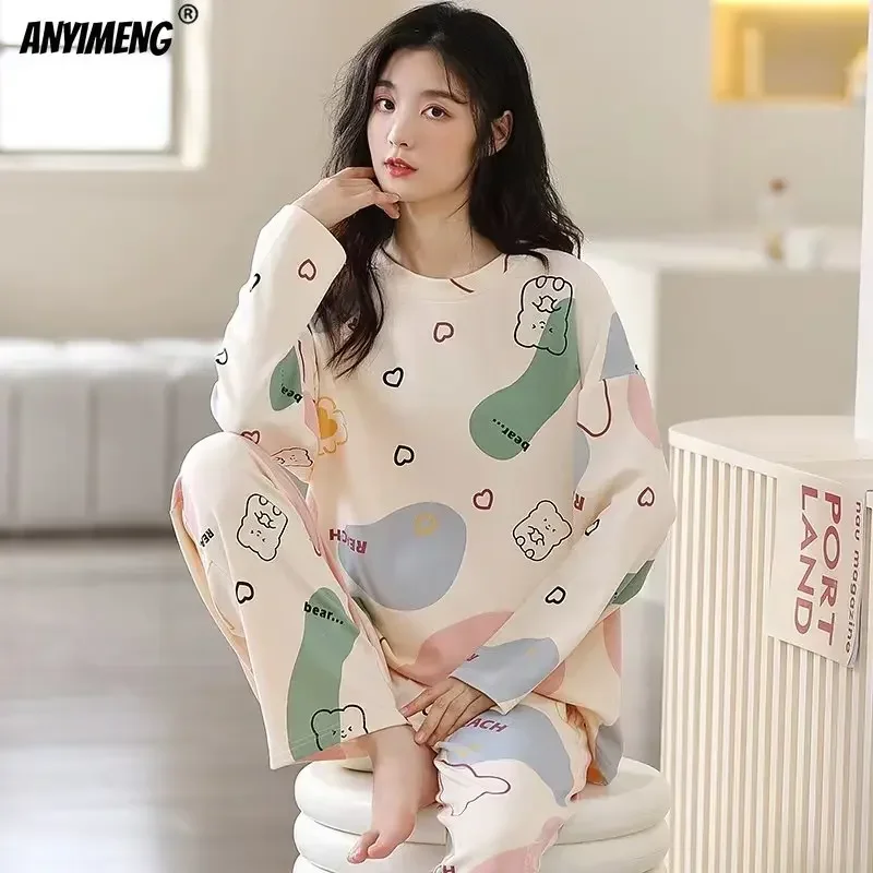 Women Pajamas Set Women Pajama Suit M-5XL Big Size Autumn Spring Pajamas Set For Women Kawaii Printing Sleepwear For Girl Fashion Long Sleeve O-neck Woman's Pijamas